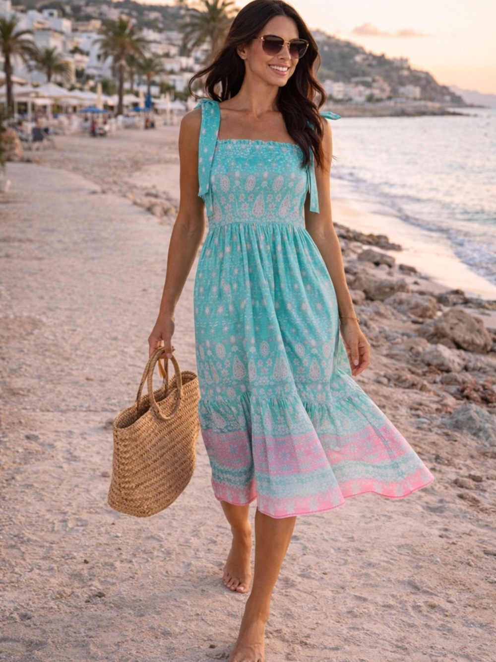 Shoshanna Remy Tie Shoulder Smocked Bodice Midi Dress Aqua Pink Size Large NWT